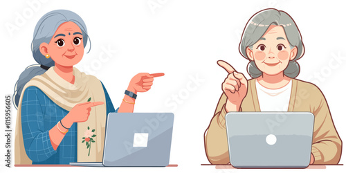 elderly woman pointing  at her laptop 