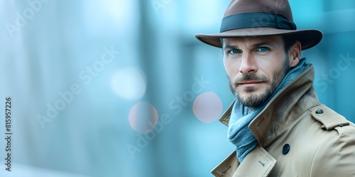 Stylish detective in hat and trench coat. Concept Film Noir Fashion, Vintage Detective Style, Classic Detective Outfit, Sleuth Fashion, Mystery Film Wardrobe photo