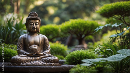Serene Buddha Statue amidst Lush Green Zen Garden