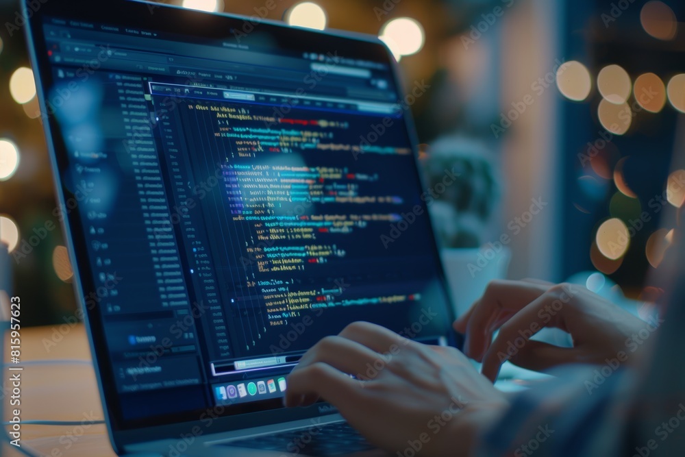 Innovative App Interface Design on Laptop Screen with Developer at Work Innovative App Interface Design on Laptop Screen with Developer at Work
