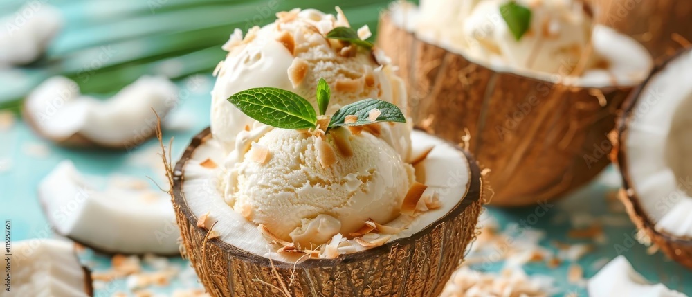 Obraz premium Closeup of creamy coconut ice cream served in a fresh coconut shell, topped with toasted coconut flakes, tropical beach background