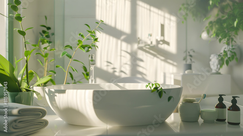 Interior of light bathroom with white sink bathtub bath accessories and houseplants : Generative AI