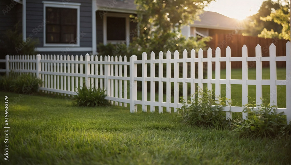 Serene Outdoor Space, White Picket Fence Embracing a Grassy Backyard Haven Serene Outdoor Space, White Picket Fence Embracing a Grassy Backyard Haven
