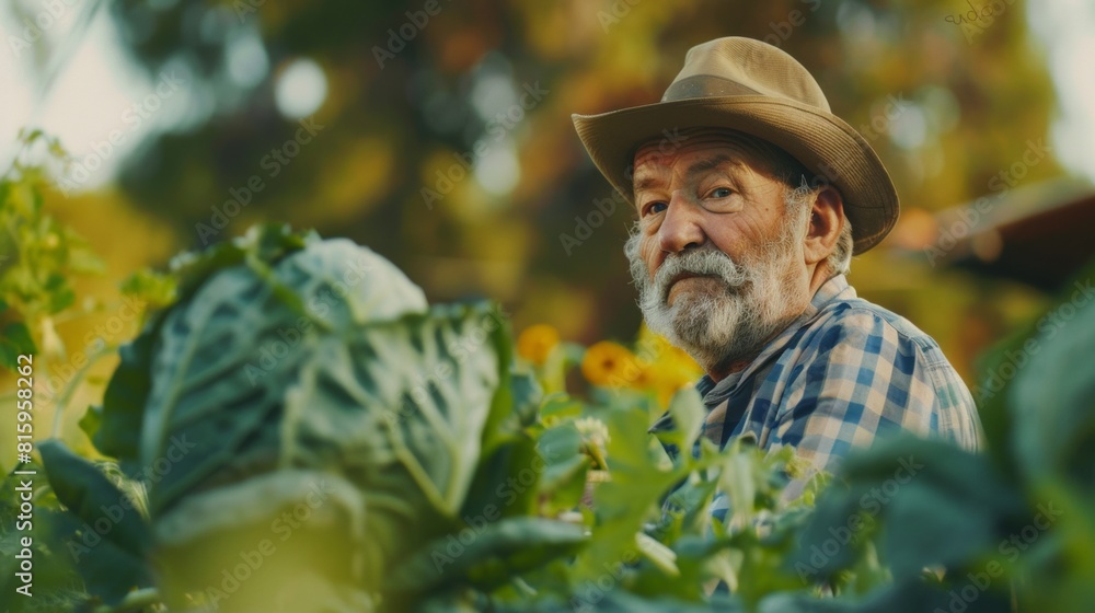 Elderly farmer with a hat proudly smiling in his thriving vegetable garden, with a focus on sustainable and local agriculture.