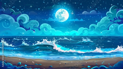 The ocean wave and blue sky with full moon and stars are modern backgrounds in a sea cartoon panorama with a skyline scene on the horizon. Wild seaside scenes with splashes of water and foam from