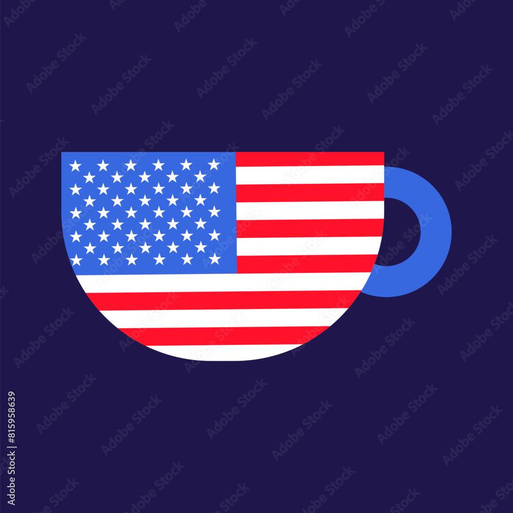 Deep ceramic mug with handle for hot drinks. Festive element, attributes of July 4th USA Independence Day. Flat vector icon in national colors of US flag on dark blue background Deep ceramic mug with handle for hot drinks. Festive element, attributes of July 4th USA Independence Day. Flat vector icon in national colors of US flag on dark blue background