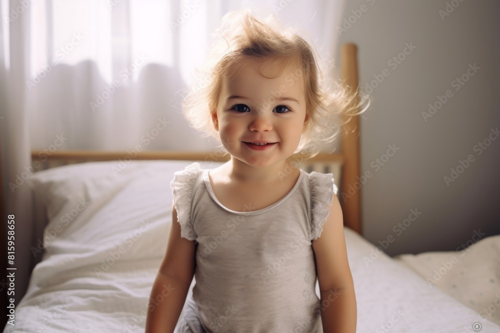 Portrait of cute baby girl in bedroom. Smiling toddler is standing by bed. She is at home