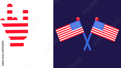 Crossed souvenir flags of USA on flagpole for solemn event, meeting foreign guests. National striped country symbol. Flat vector icon in national colors of US flag on dark blue background