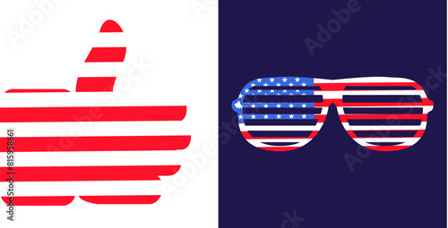 Festive carnival Horizontal Grid glasses in USA colors. Festive element, attributes of July 4th US Independence Day. Flat vector icon in national colors of american flag on dark blue background