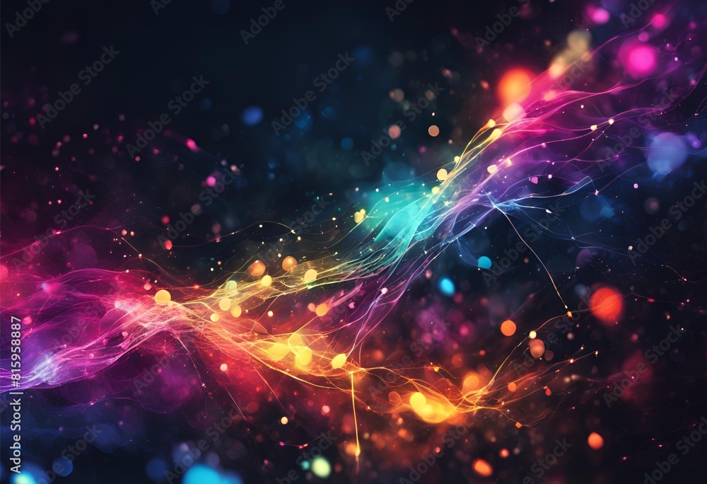 Abstract digital painting featuring glowing bokeh effect, data streams intertwine, neon hues against dark backdrop, high contrast, light flares creating depth, glowing points of data, vibrant, ultra 