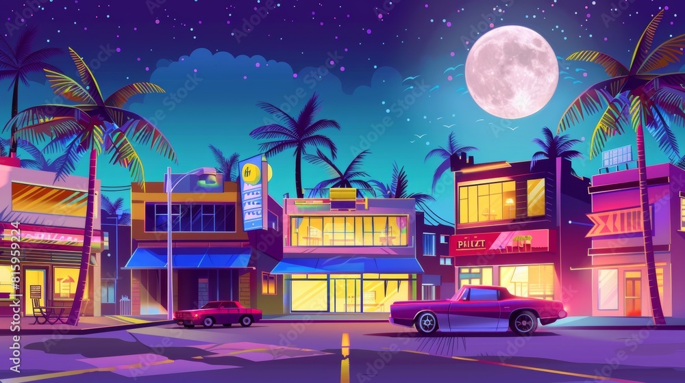 Miami city street with buildings and palm trees, plus a cabriolet auto driving on an urban road, a full moon, and many stars in the sky. Modern cartoon illustration of a hotel, a pizza restaurant, Miami city street with buildings and palm trees, plus a cabriolet auto driving on an urban road, a full moon, and many stars in the sky. Modern cartoon illustration of a hotel, a pizza restaurant,