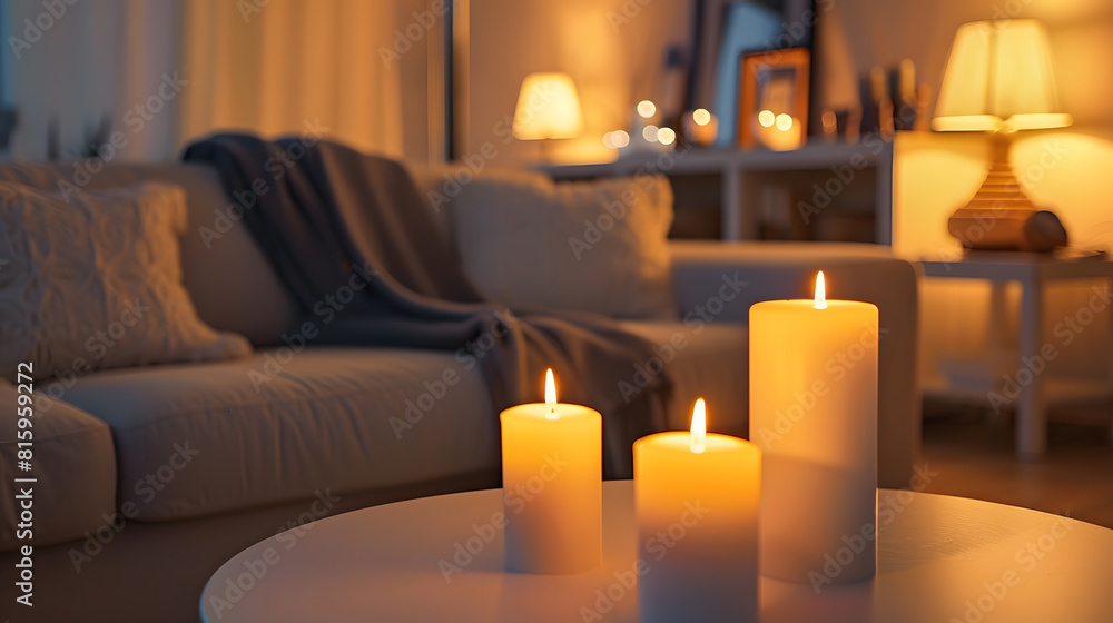 Modern interior of living room with stylish sofa and burning candles on table : Generative AI Modern interior of living room with stylish sofa and burning candles on table : Generative AI