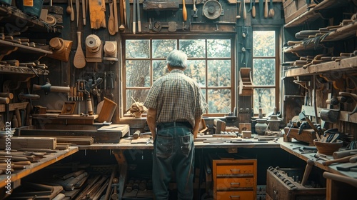 The cluttered workshop of an experienced artisan is alive with the sound of tools as he carefully shapes wooden elements highlighting the beauty of fine woodworking.