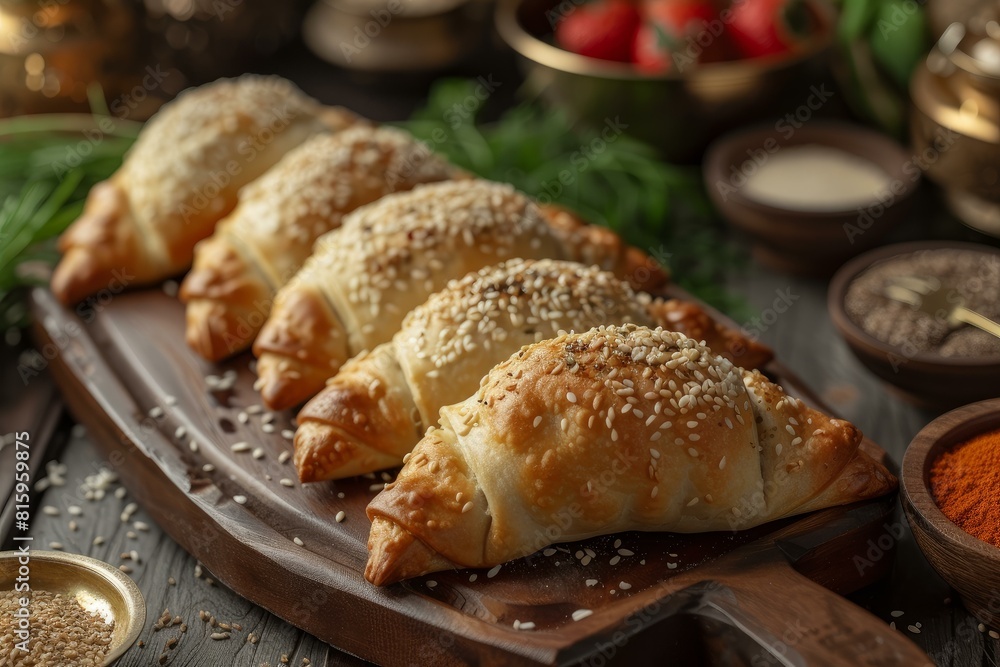 Warm croissants with sesame seeds on a rustic wooden serving tray, surrounded by spices