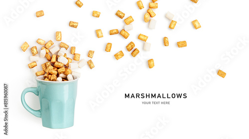 Marshmallows in blue cup  composition isolated on white background.
