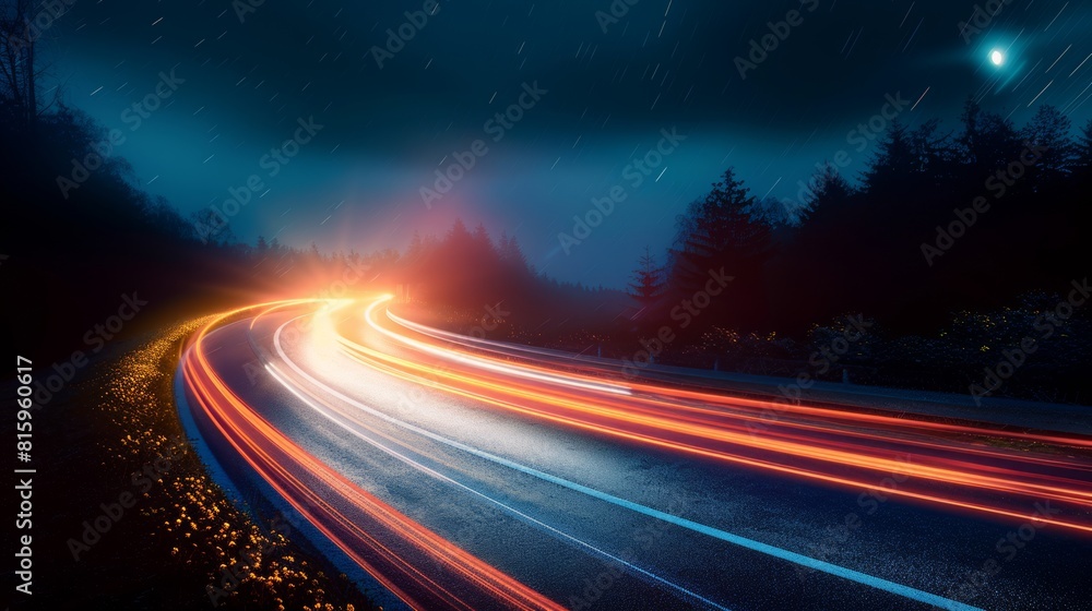 Long exposure of car light trails on a winding road through a forest at night. Long exposure of car light trails on a winding road through a forest at night.
