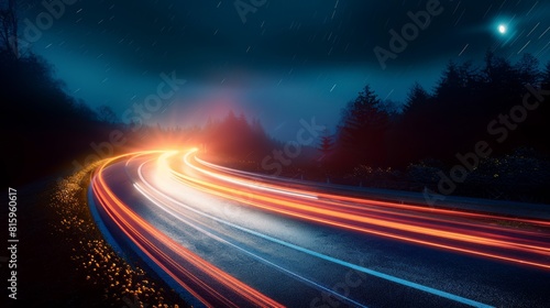 Long exposure of car light trails on a winding road through a forest at night.