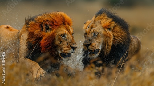 lion fighing over Massai marah jungle in south africa 4K Wallpaper created by ai photo