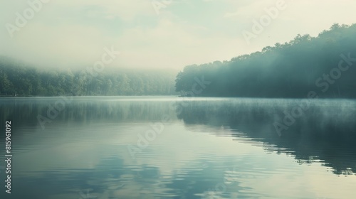 Soft morning mist over a calm lake. Minimalistic nature scene