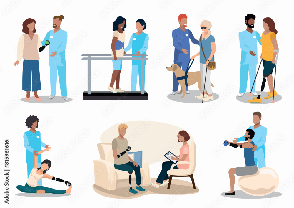Patients undergo rehabilitation with a physiotherapist after prosthetics, spinal injuries and vision loss. Psychological assistance, adaptation and recovery after limb prosthetics. Set of flat vector Patients undergo rehabilitation with a physiotherapist after prosthetics, spinal injuries and vision loss. Psychological assistance, adaptation and recovery after limb prosthetics. Set of flat vector