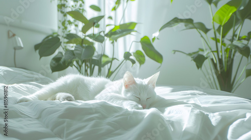 White cat resting on the bed Bedroom interior in a Scandinavian minimalist stylewith plants Urban jungle Morning vibes Bedroom interior concept Sunny morning : Generative AI photo