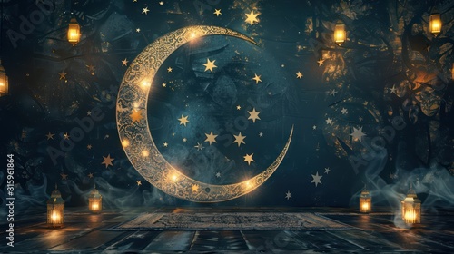 A mesmerizing backdrop featuring a crescent moon surrounded by geometric stars and intricate lattice work, with lanterns glowing softly in the background