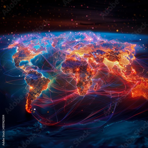 Vibrant TAbstract world map displaying the intricate web of international data flow  emphasizing the importance of global connectivity.
