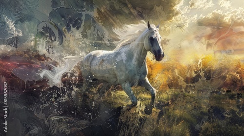 dream of white horse majestic equine galloping through surreal landscape ai generated artwork