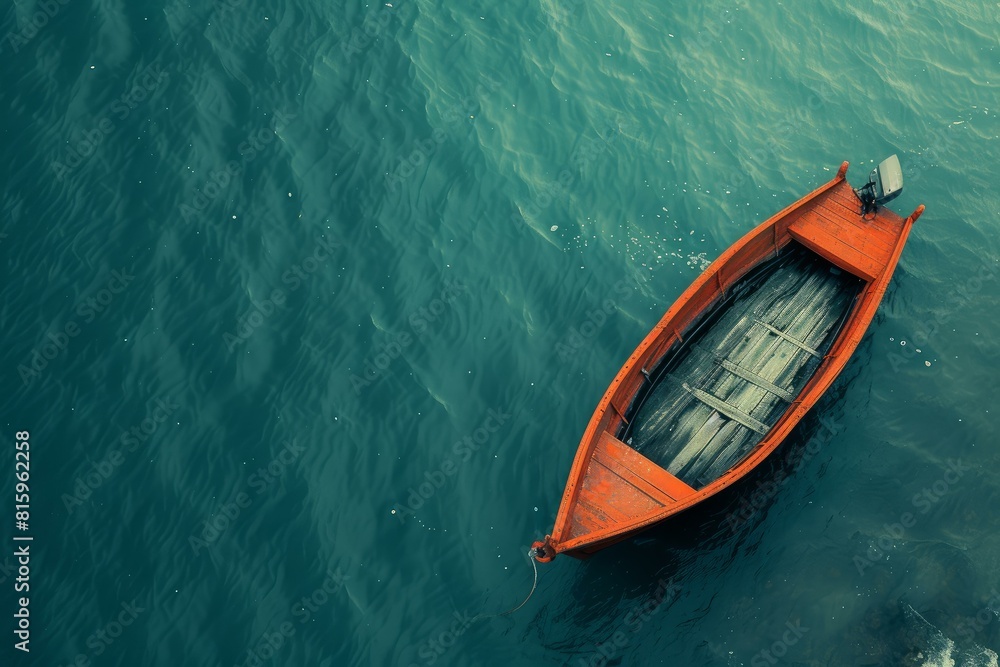 Aerial view of a single orange boat floating on calm blue-green water, evoking serenity Aerial view of a single orange boat floating on calm blue-green water, evoking serenity