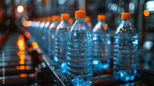 Row of plastic bottles with orange caps on a production line, focused and illuminated.