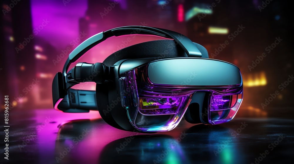 VR headset lying on a textured metal surface, dimly lit environment with neon accents, crafted for gaming accessory promotions or tech reviews VR headset lying on a textured metal surface, dimly lit environment with neon accents, crafted for gaming accessory promotions or tech reviews