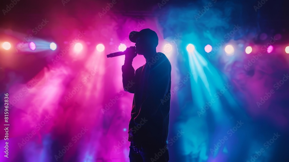 dynamic rap concert with silhouetted rapper performing on neonlit stage hip hop night club