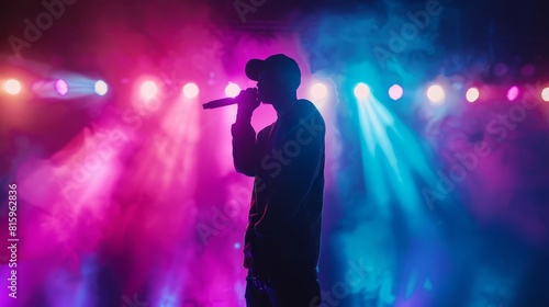 dynamic rap concert with silhouetted rapper performing on neonlit stage hip hop night club photo