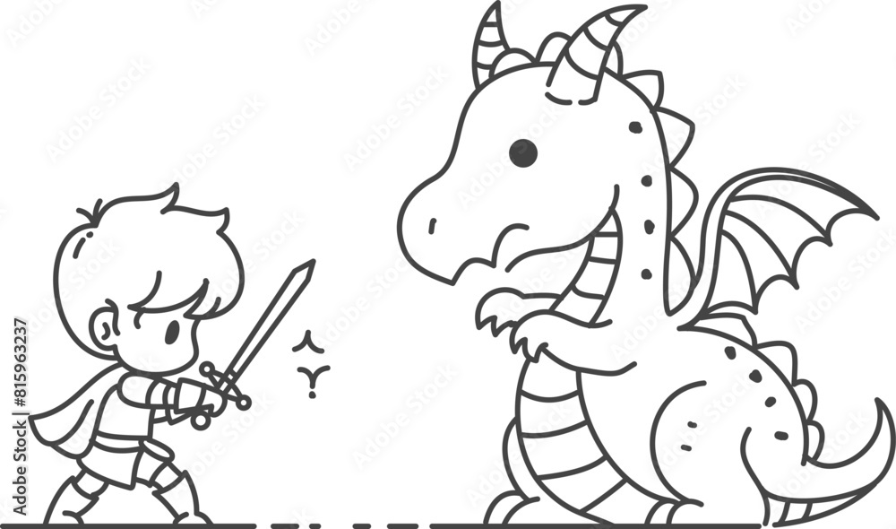 The prince wields his sword against the dragon with determination - Coloring page for children. Hand drawing vector illustration in black outline on a white background. The prince wields his sword against the dragon with determination - Coloring page for children. Hand drawing vector illustration in black outline on a white background.