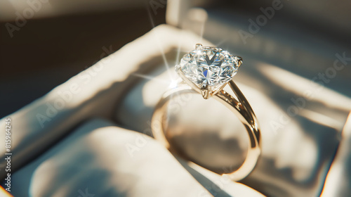 Close up of diamond ring in box. Love, valentine, relationship and wedding concept 