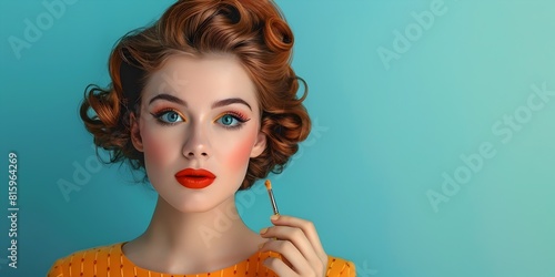 Vibrant Retro Styled Portrait of Elegant Redheaded Woman with Curled Hair and Bright Makeup