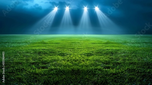 Detailed 3D realistic competition or championship playground backdrop of soccer stadium field with light modern sport arena night background. Football green grass illustration template with