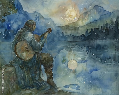 An elfin bard singing ancient songs by a moonlit lake, his lute painted in soft watercolors reflecting the serene night