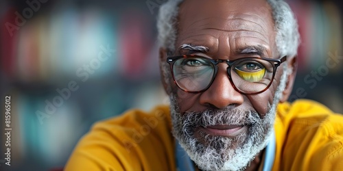 Elderly African American man with glaucoma wearing glasses coping with vision. Concept Aging Gracefully, Visual Impairment, Elderly Health, Coping Strategies, African American Community photo