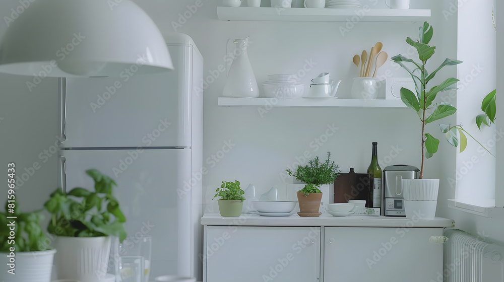 Minimal cozy light home style scandinavian interior after repair White furniture with utensils shelves with crockery and plants in pots refrigerator in simple dining room panorama empt : Generative AI Minimal cozy light home style scandinavian interior after repair White furniture with utensils shelves with crockery and plants in pots refrigerator in simple dining room panorama empt : Generative AI