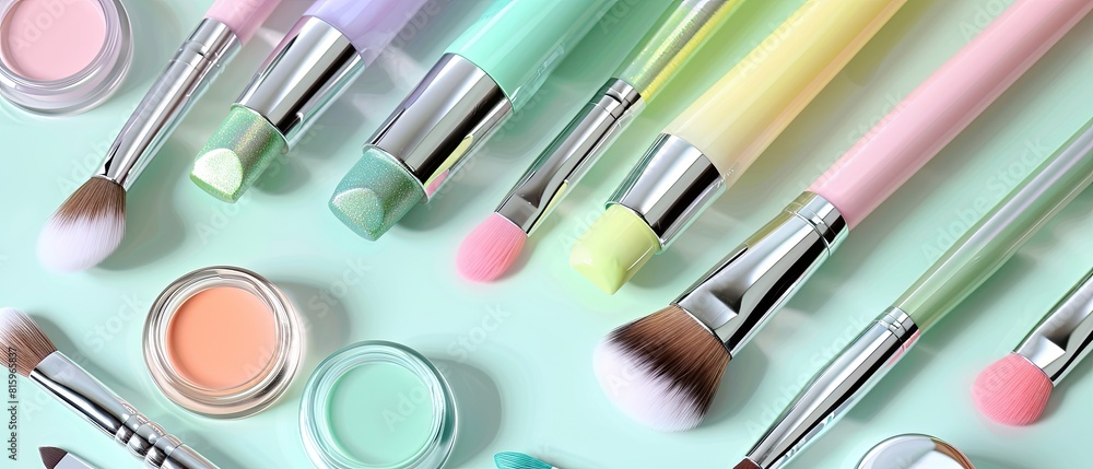 flat lay of pastel nail polish and makeup brushes on a clean, glossy white surface flat lay of pastel nail polish and makeup brushes on a clean, glossy white surface