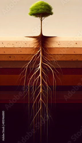 Concept of Stability and Growth: Detailed Illustration of Tree with Lush Canopy and Root System through Earthy Soil Strata Representing Nature, Life Interconnection, and Deep Foundations