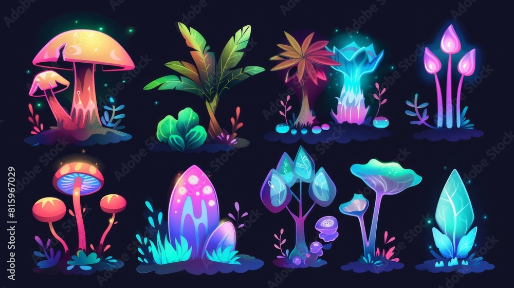 Set of fantasy plants for a magic forest cartoon game. Aliens in a fantastic world isolated with a psychedelic glow. Beautiful colorful wonderland jungle landscape asset illustration for a fantasy Set of fantasy plants for a magic forest cartoon game. Aliens in a fantastic world isolated with a psychedelic glow. Beautiful colorful wonderland jungle landscape asset illustration for a fantasy