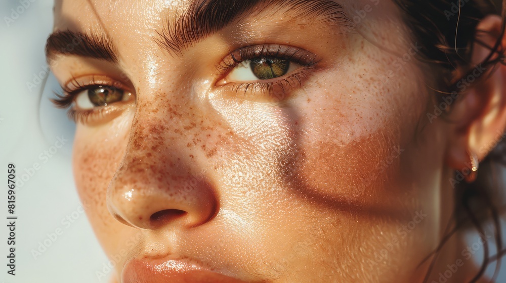 Fototapeta premium Closeup of a woman's face with glowing, healthy skin and natural makeu