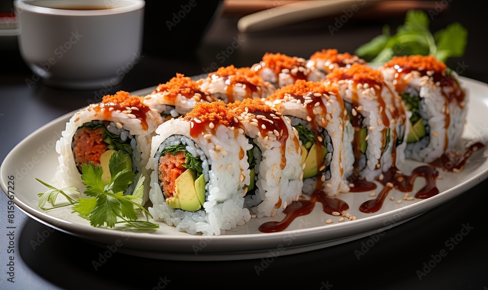 White Plate With Sushi Covered in Sauce White Plate With Sushi Covered in Sauce