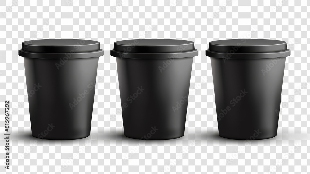 Black food containers isolated on transparent background. Modern illustration of blank 3D ice cream or yogurt bucket. Paper box for storing meals. Black food containers isolated on transparent background. Modern illustration of blank 3D ice cream or yogurt bucket. Paper box for storing meals.