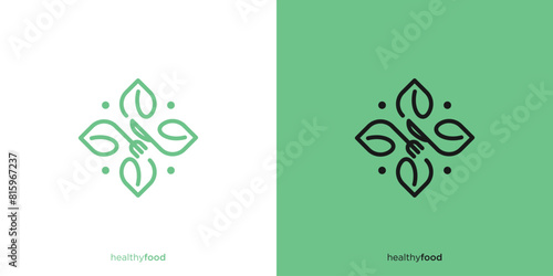 Creative Linear Outline Healthy Organic Logo. Eco Vegetarian Fresh Food Green Salad Healthy Food Logo Design Template.