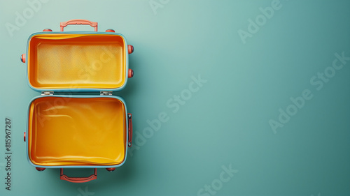 Vacation concept. An overhead shot of a Sun Hat with palm leaves and suitcase. teal background with space for promotion. Copy Space. Made With Generative AI.