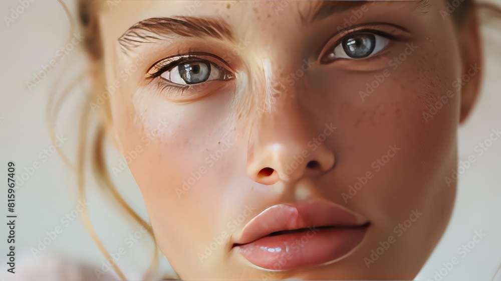Detailed view of a woman radiant face with light natural makeup and a serene expression