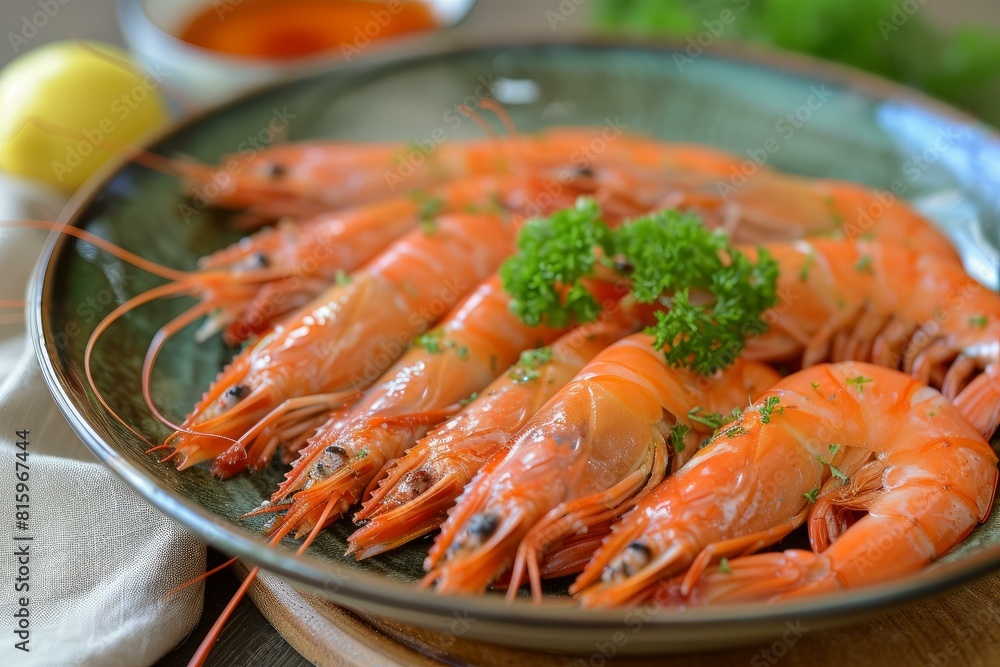 Delicious plate of freshly cooked whole prawns, garnished with parsley, ready to be served Delicious plate of freshly cooked whole prawns, garnished with parsley, ready to be served